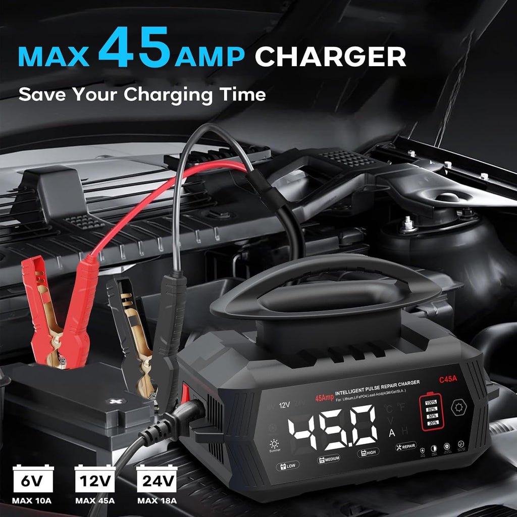 Haisito 45 Amp Car Battery Charger, 12V/24V Lithium LiFePO4 Battery Charger Automatic Battery Maintainer, Portable Smart Trickle Charger for Automotive Car Truck Motorcycle Lawn Mower Boat AGM Gel