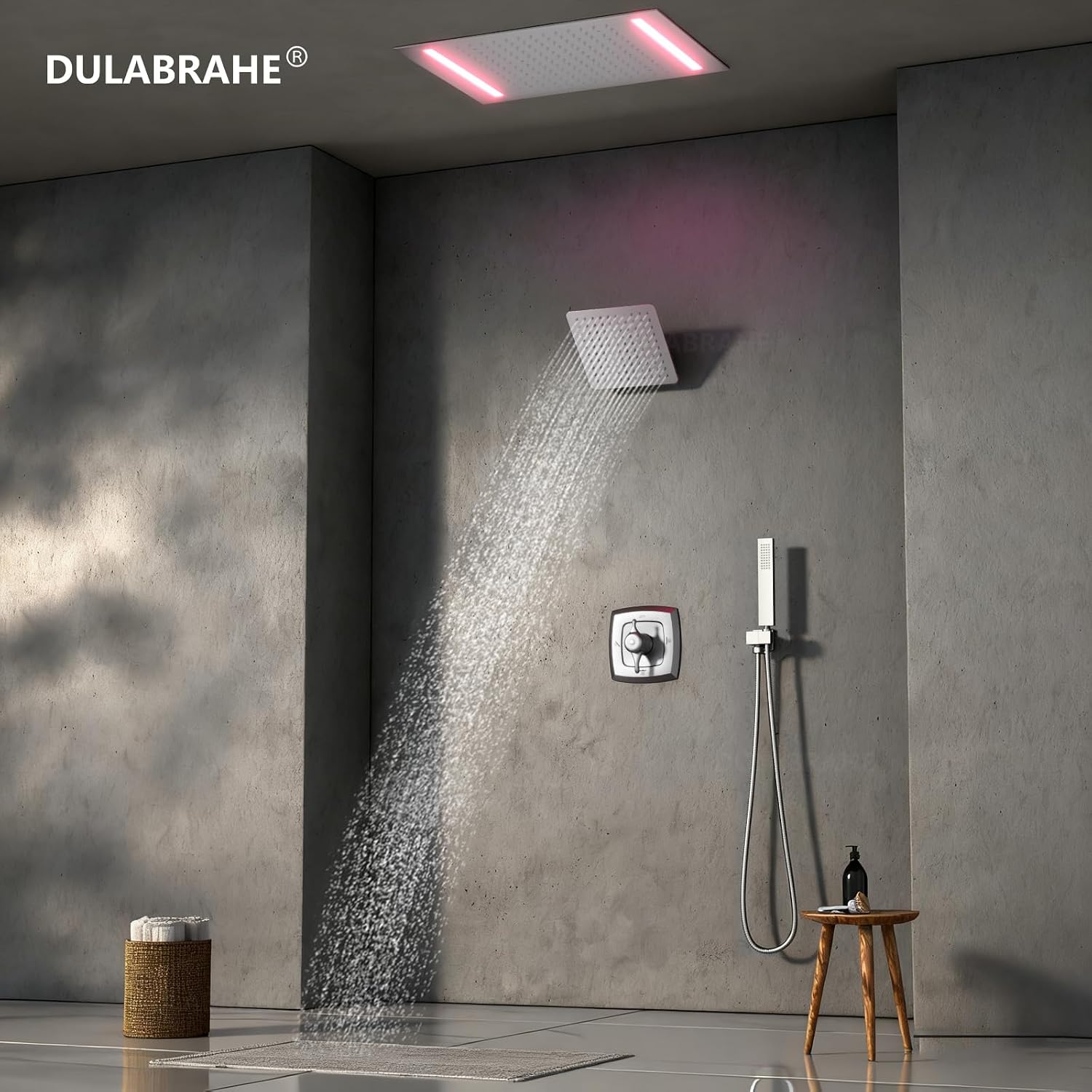 14 X 20 Inch Ceiling LED Rain Shower Head, Dual Rainfall Smart Shower System Set With 8 Inch Wall Head For Two People (Brushed Nickel)