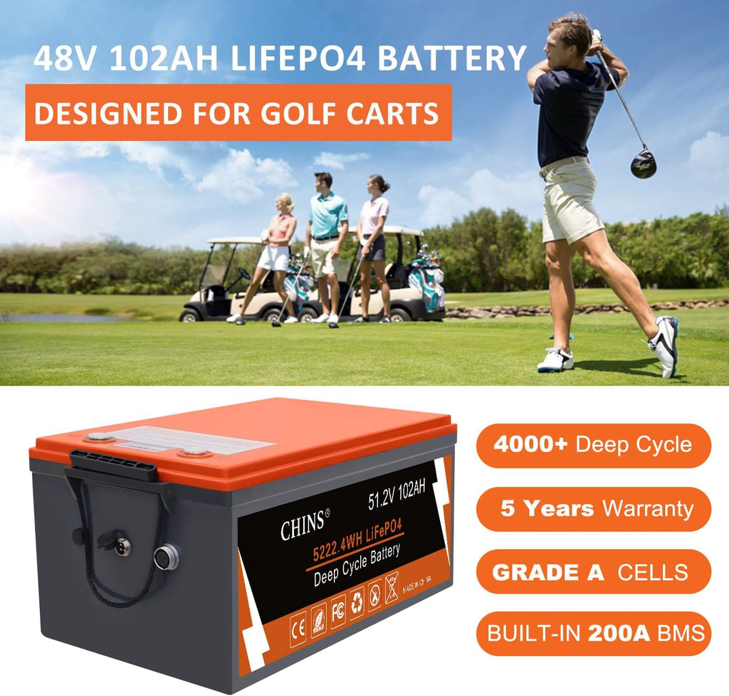 CHINS 48V Lithium Golf Cart Battery, 200A BMS, with Touch Monitor and Retention Strap, 5000+ Cycles 48V 102AH Lithium Battery with Charger Perfect for Golf Carts