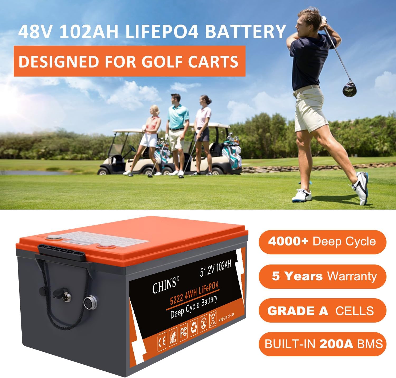 CHINS 48V Lithium Golf Cart Battery, 200A BMS, with Touch Monitor and Retention Strap, 5000+ Cycles 48V 102AH Lithium Battery with Charger Perfect for Golf Carts
