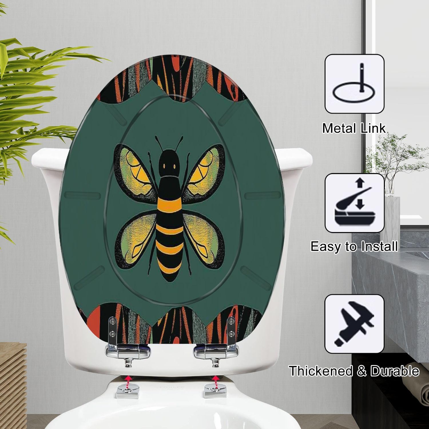 Elongated Toilet Seat honeybee abstracts designs geometric shapes black red Resin Toilet Seat Slow Quiet Close with Quick-Release Hinges Toilet Seat with Cover Easy to Clean Install