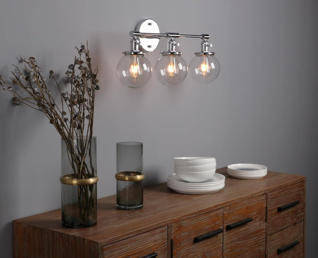 Phansthy 3-Light Wall Sconces Antique Brass Vanity Light, Industrial Wall Lamps with On Off Switch and Clear Glass Lampshade, Vintage Wall Lighting for Bathroom Living Room (Chrome, Globe Shade)