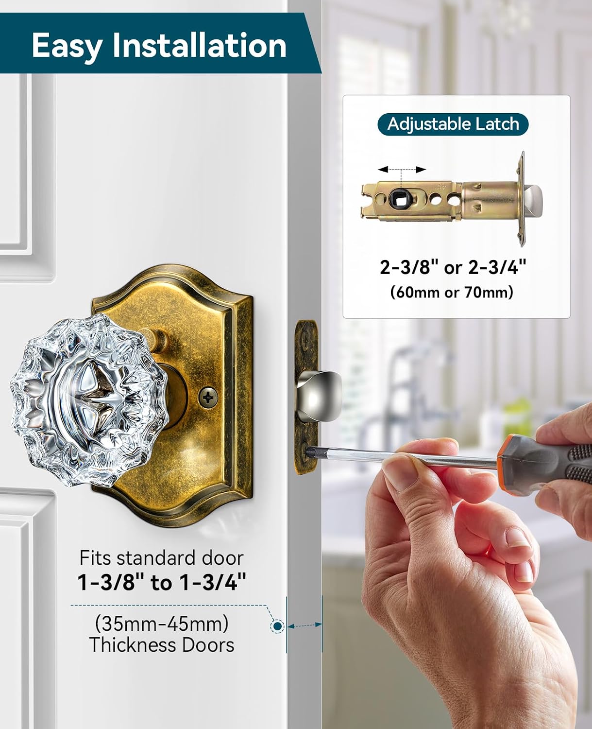 5 Pack Glass Crystal Door Knobs Interior, Aged Brass Crystal Door Knobs with Lock for Privacy Use, Antique Crystal Glass Doorknobs for Bedroom Bathroom Interior Doors