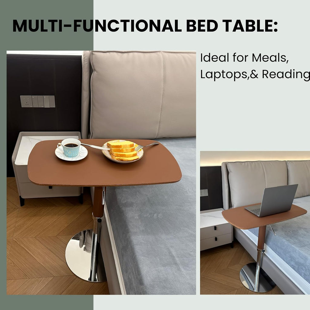 Adjustable Swivel Table with Faux Saddle Leather Cover & Heavy Duty Metal Chassis, Large Laptop Stand for Bed, Sturdy TV Tray for Eating, Modern Couch Table for Living Room