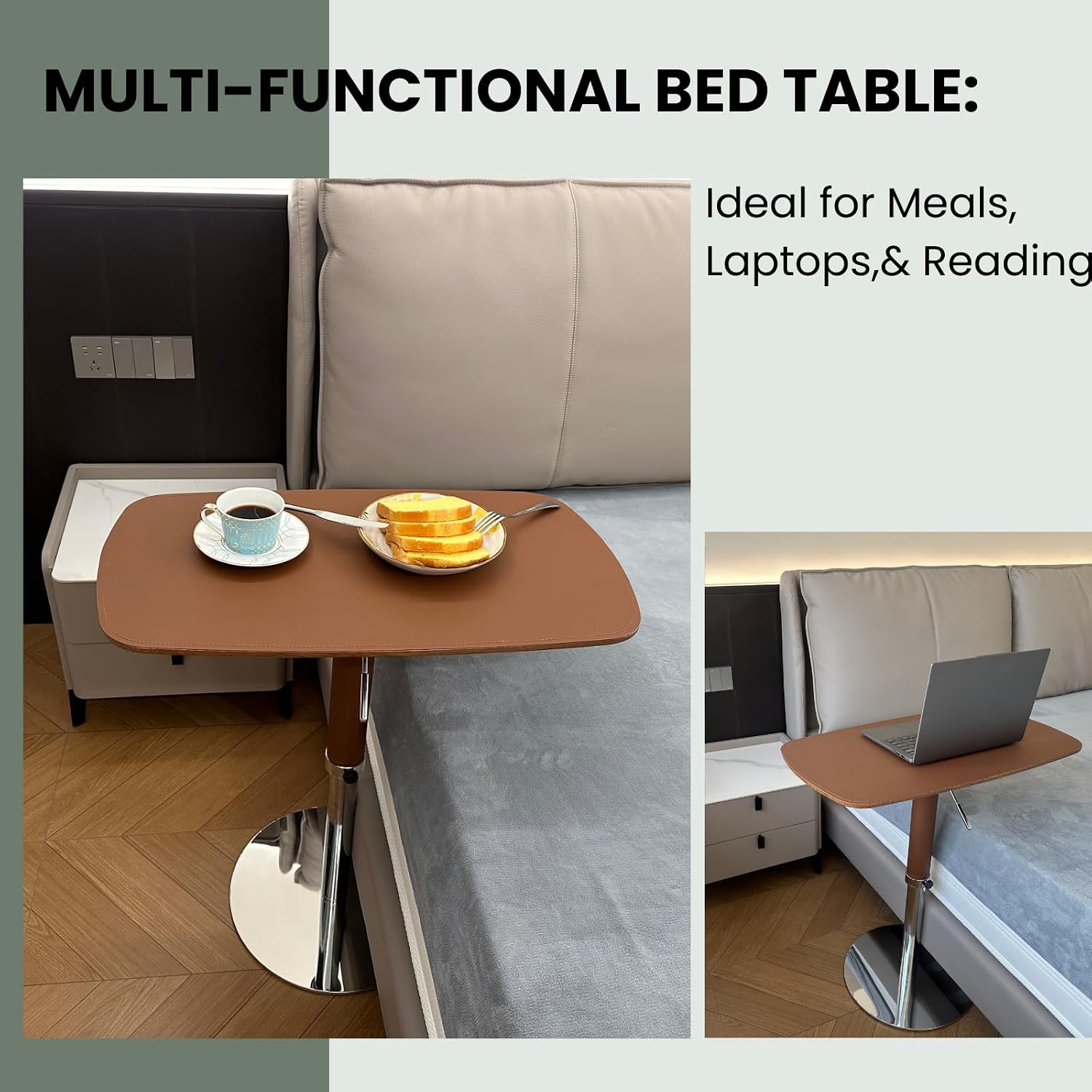 Adjustable Swivel Table with Faux Saddle Leather Cover & Heavy Duty Metal Chassis, Large Laptop Stand for Bed, Sturdy TV Tray for Eating, Modern Couch Table for Living Room