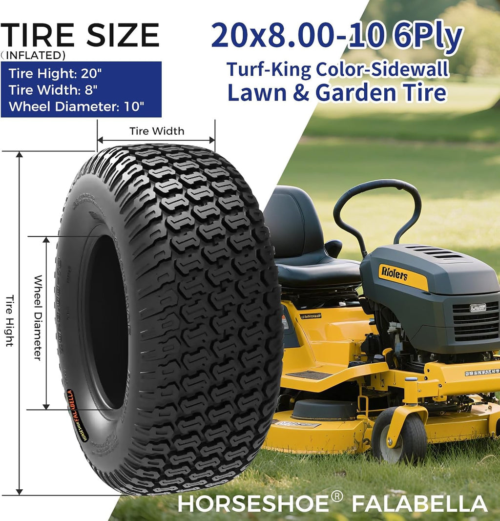 HORSESHOE FALABELLA 2 New 20x8.00-10 / 20x8-10 6PR T198 TURF-KING LAWN MOWER TIRES LRC Heavy Duty 20x8x10 Color-Sidewall (20x8.00-10 6Ply)