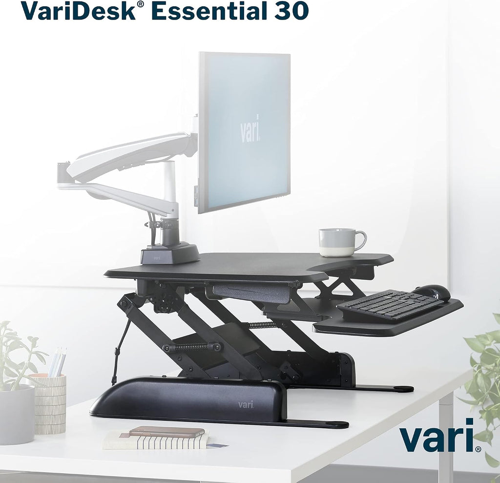 Vari - VariDesk Essential 30 - Two-Tier Standing Desk Converter for Home Office - Adjustable Sit Stand Desk with 11 Height Settings - Standing Desk Riser for Monitor & Accessories - 30' Wide, Black