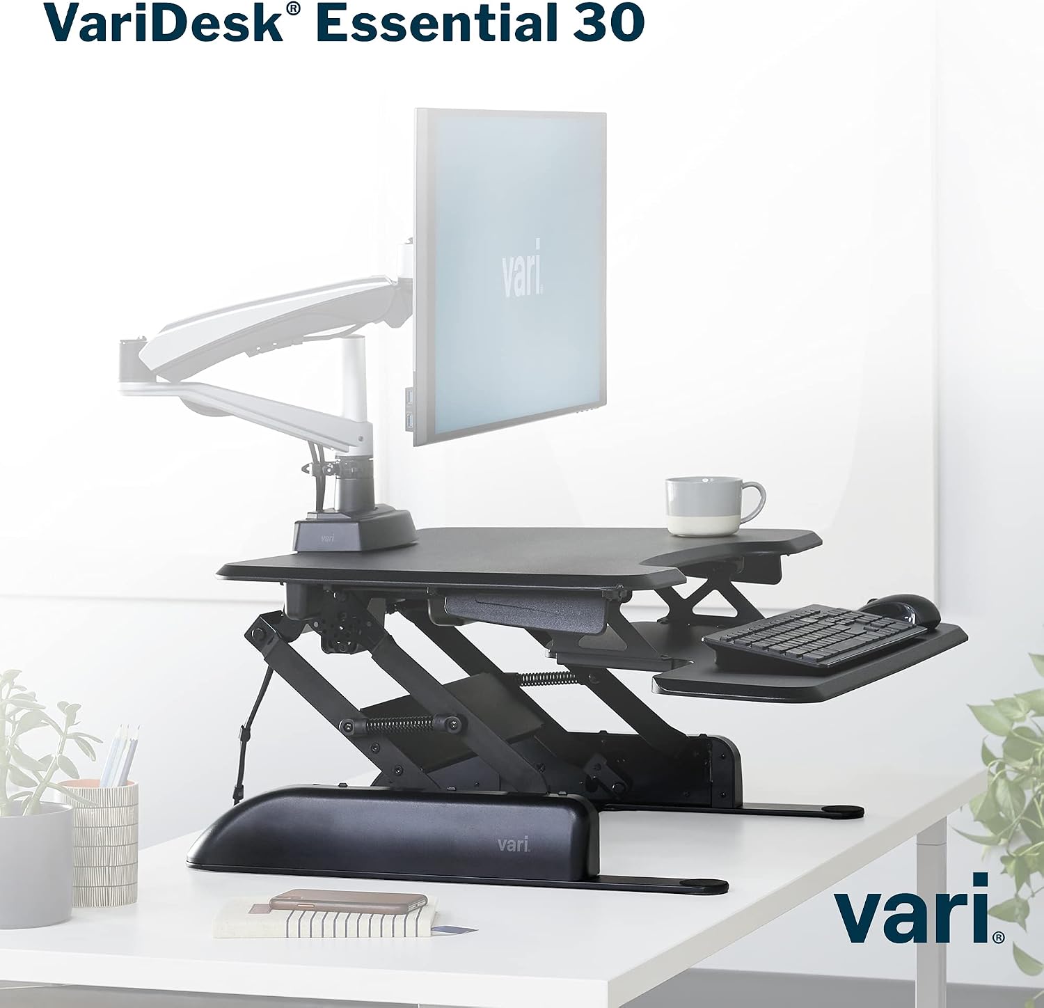 Vari - VariDesk Essential 30 - Two-Tier Standing Desk Converter for Home Office - Adjustable Sit Stand Desk with 11 Height Settings - Standing Desk Riser for Monitor & Accessories - 30' Wide, Black