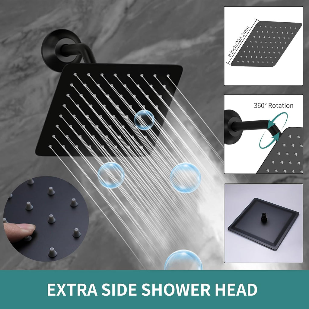 Rainfall Shower System with 12+8+8' Three Top Shower Heads, Body Jets and Handheld Shower,Matte Black Full Body Shower System with Digital Display Valve