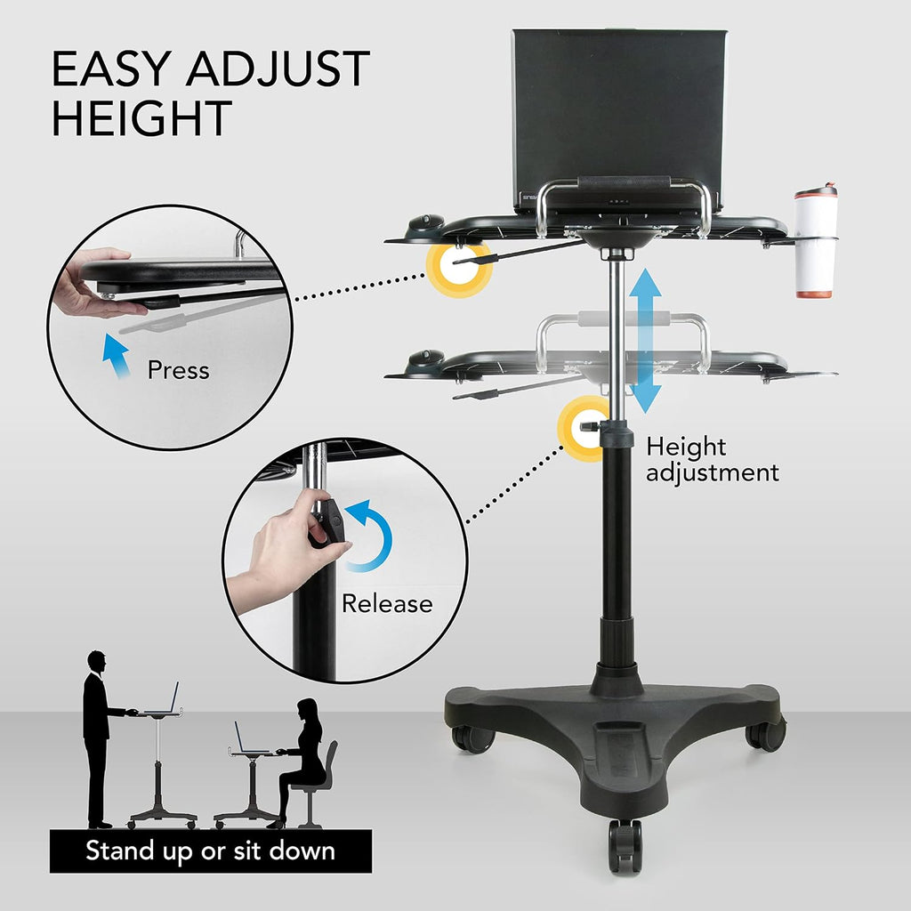 EHO Mobile Laptop Desk Cart with Wheels, Height Adjustable Standing Desk with Pneumatic Lift, Rolling Workstation with Mouse Tray and Cup Holder, Portable Table for Home Office or Classroom