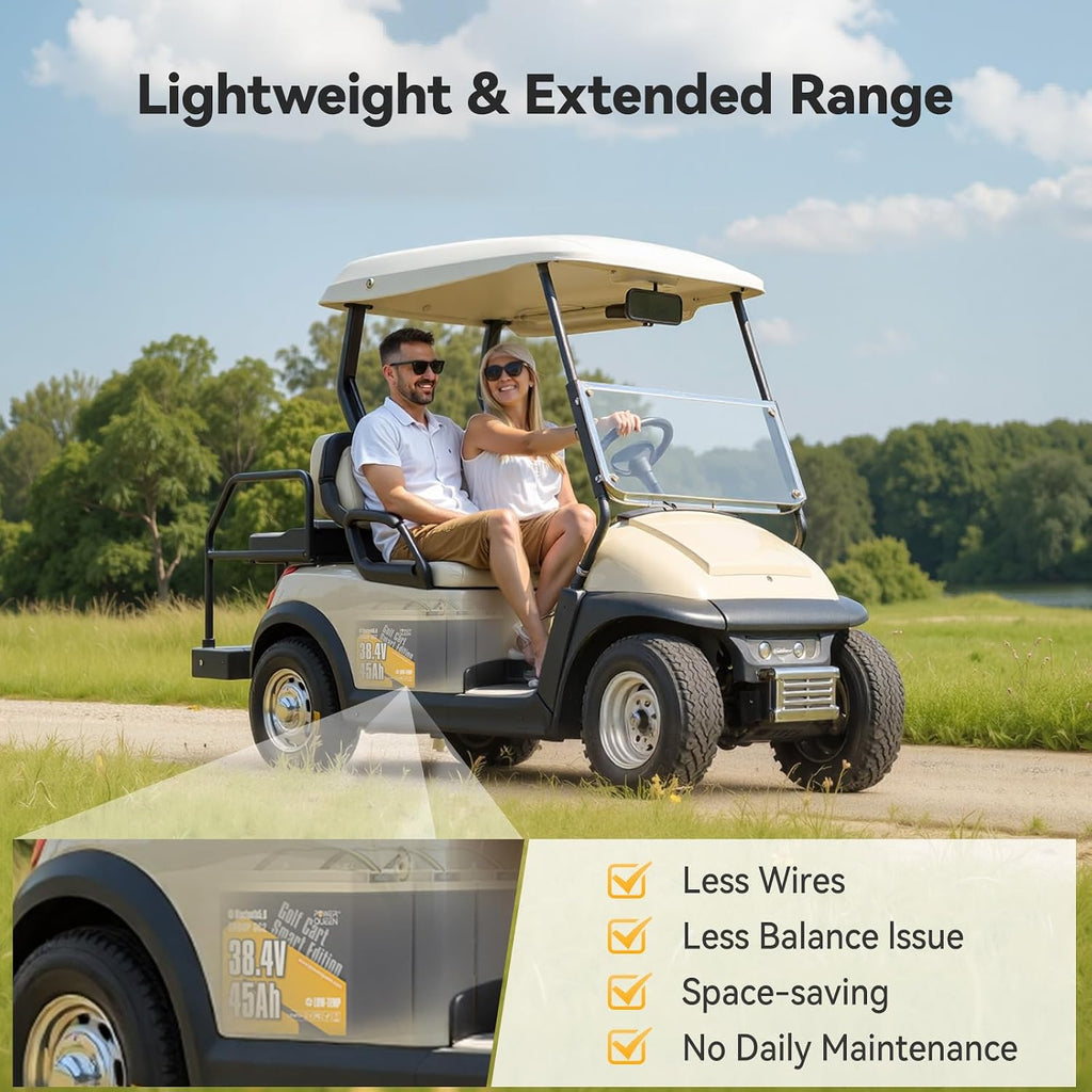 Power Queen 36V 45Ah Golf Cart Lithium Battery,GC2 Size LiFePO4 Battery with Bluetooth & Low-Temp Protection, 90A Smart BMS,Support Up to 2kW Motor,Max 3.45kW Output Power for Golf Carts