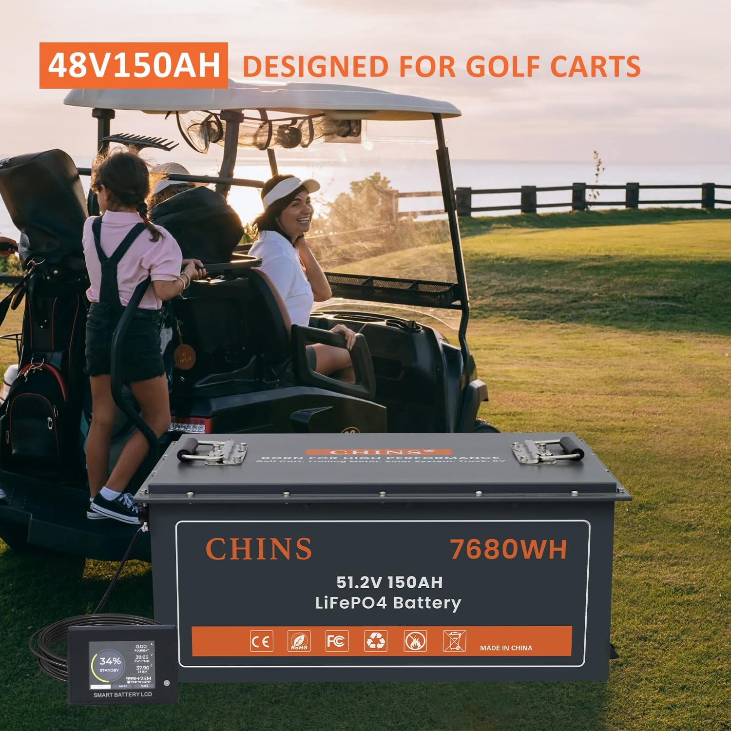 CHINS 48V 150Ah Lithium Golf Cart Battery with 48V 18A Lithium Charger, Built-in Smart 200A BMS, with Touch Monitor & Mobile APP, 4000+ Cycles Rechargeable LiFePO4 Battery, Max 10.24kW Power Output