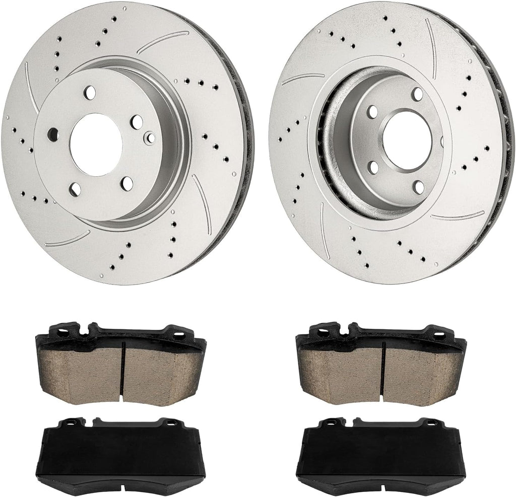KAX Front Brakes and Rotors for Mercedes-Benz E350 2006-2007, E500 2003-2006, Drilled and Slotted Vented Disc Brake Rotor Ceramic Brake Pad Replacement (#34246+D847, 12.28inch, 312MM)