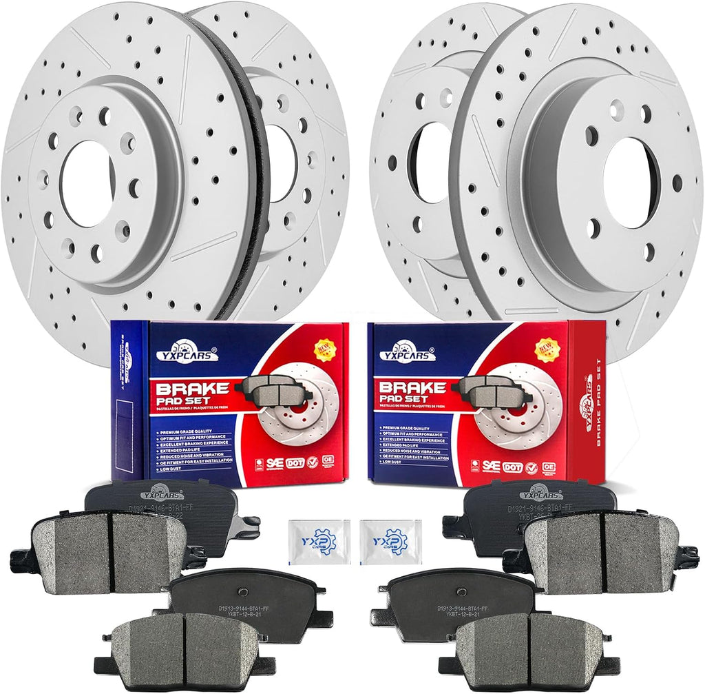 Front & Rear Drilled Slotted Rotors and Ceramic Disc Brake Pads Kit for Chevy Malibu 2016 2017 2018 2019 With Manual Parking Brake