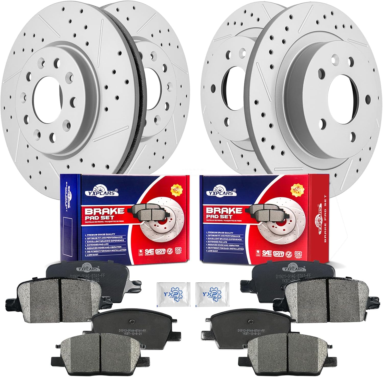 Front & Rear Drilled Slotted Rotors and Ceramic Disc Brake Pads Kit for Chevy Malibu 2016 2017 2018 2019 With Manual Parking Brake