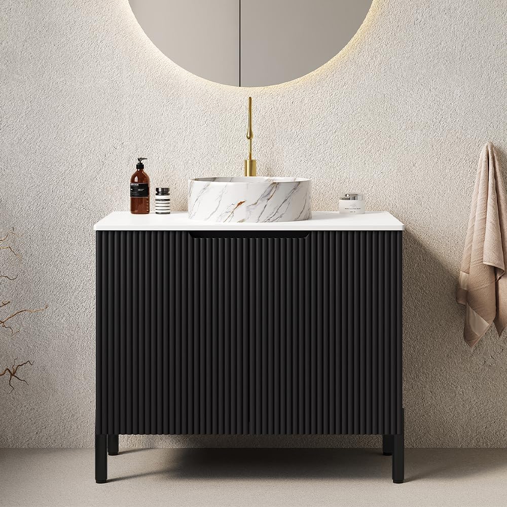 30' Bathroom Vanity with Sink, Modern Bathroom Vanities with 2 Soft-Closing Doors, Freestanding Bathroom Cabinet with Round Ceramic Basin & Carrara White Counter Top-Colmar, Black/R