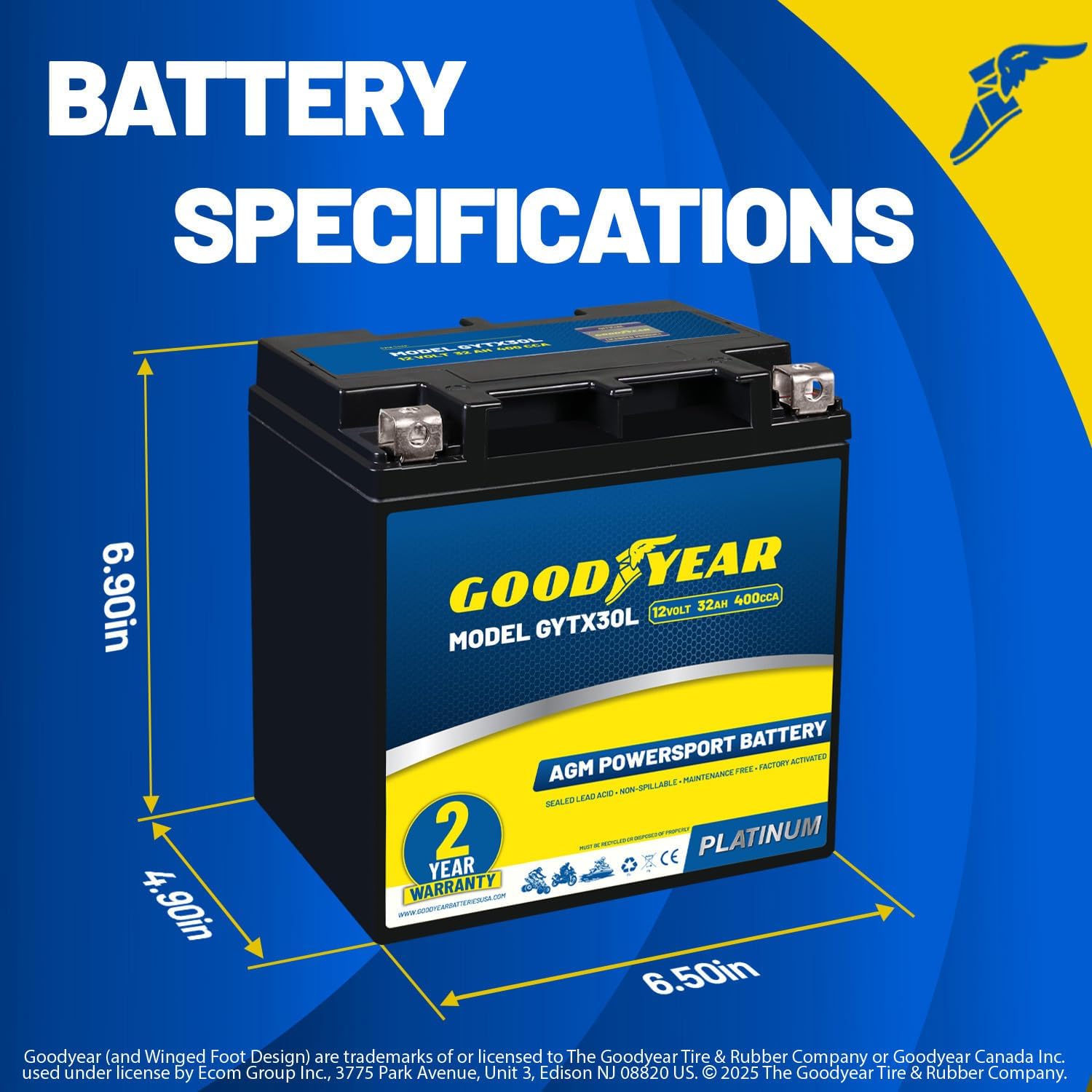 Goodyear GYTX30L - 12 Volt 32 AH, 400 CCA, Rechargeable High-Performance, Maintenance Free, SLA - AGM Battery for Motorcycle, ATV, UTV, Scooter, Snowmobile, Motorbike and more!