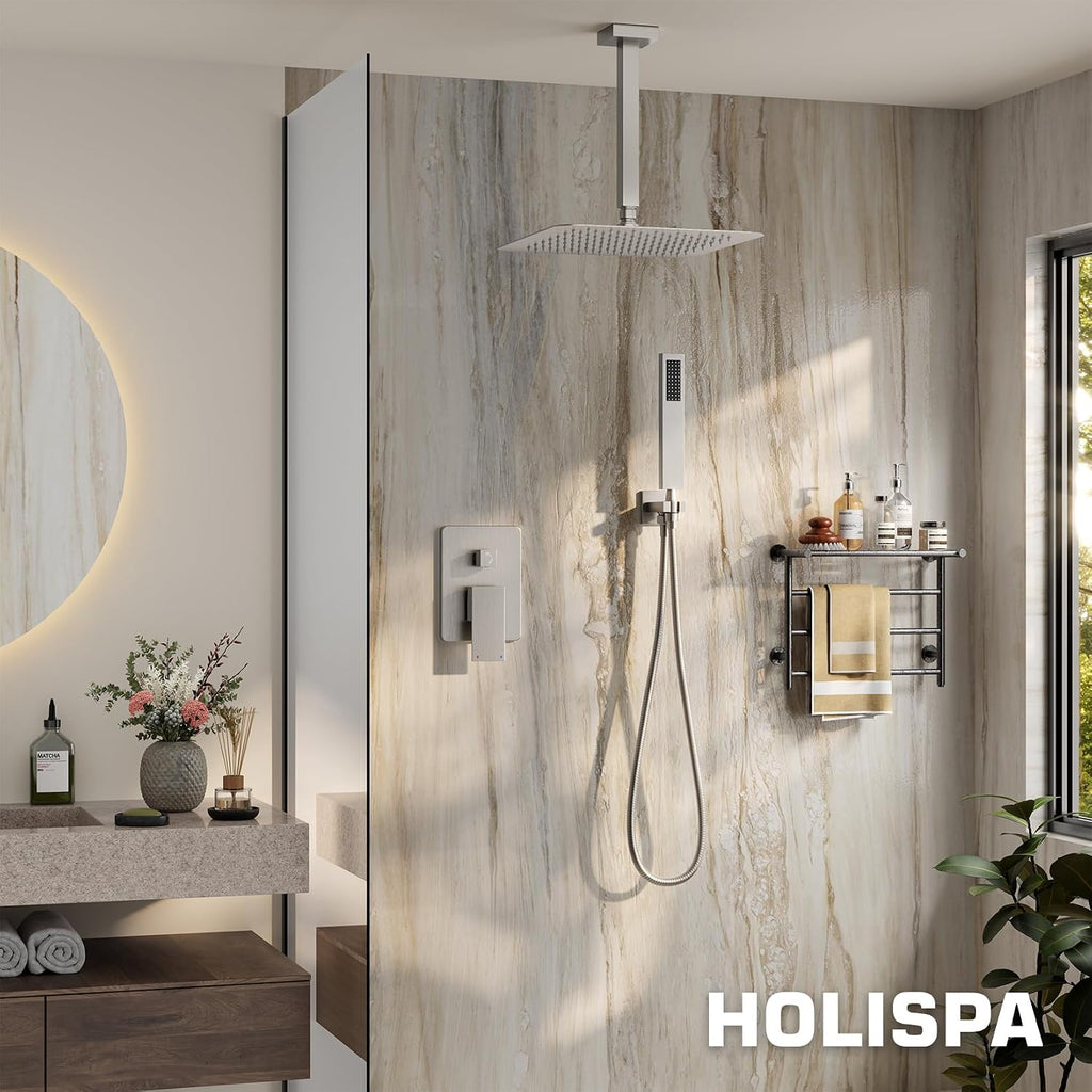 Ceiling Mount Shower System, Shower Faucet Set with 12-Inch Rain Showerhead and Handheld Spray Combo, High-Pressure Showerheads Set with Valve and Trim Kit, Brushed Nickel