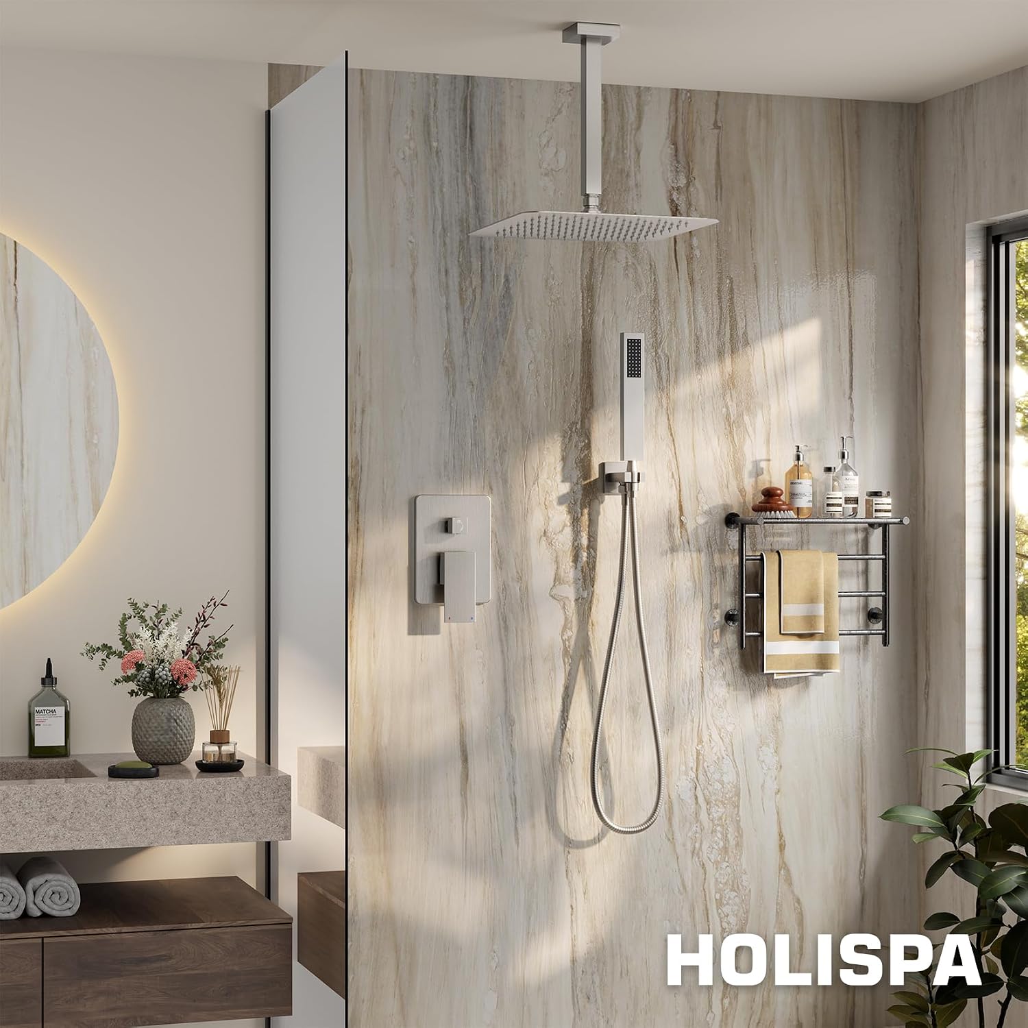 Ceiling Mount Shower System, Shower Faucet Set with 12-Inch Rain Showerhead and Handheld Spray Combo, High-Pressure Showerheads Set with Valve and Trim Kit, Brushed Nickel