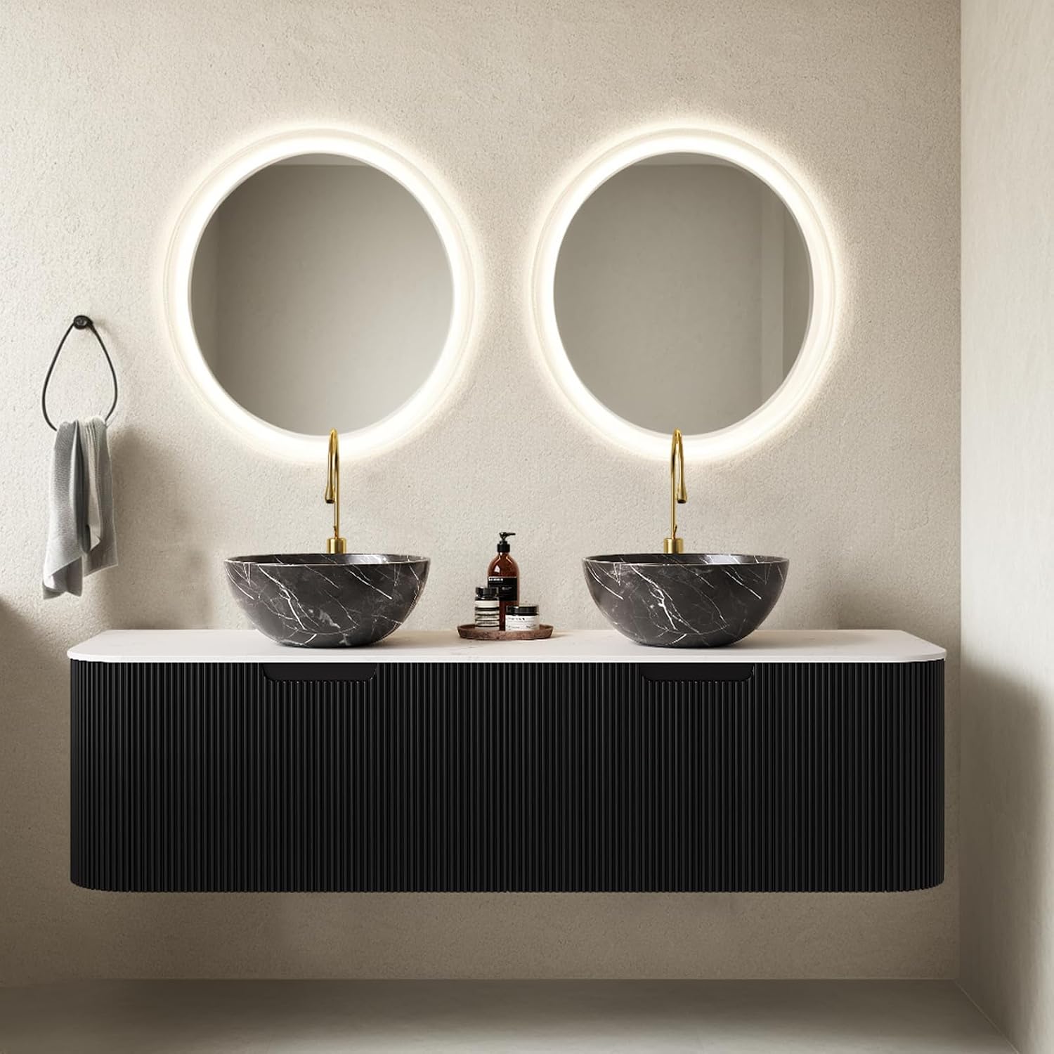 60' Floating Bathroom Vanity with Double Sink, Natural Solid Wood Modern Bathroom Vanities with Ultra-Thin Marble Sink and Countertop, Soft-Close Design, Pre-Assembled Cabinet, Black