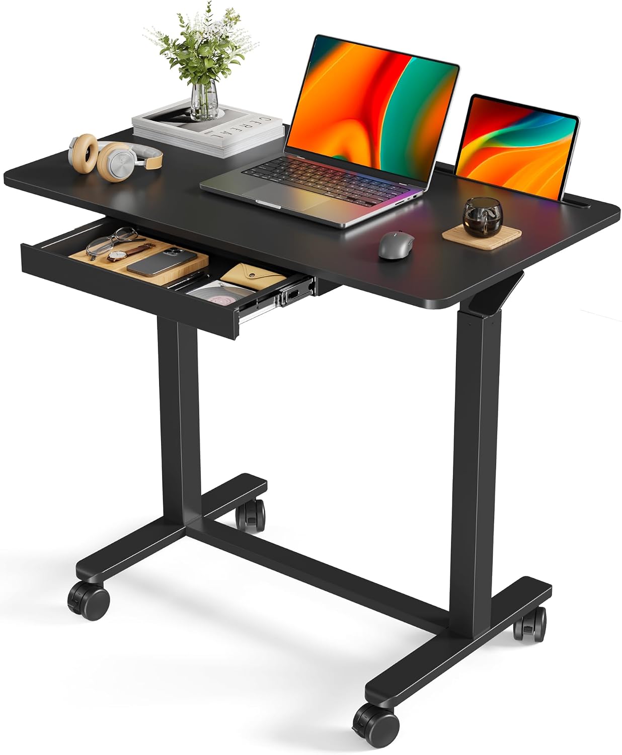 Mobile Standing Desk, 35inch Small Rolling Table with Drawer, Height Adjustable Sit Stand Workstation, Black Portable Laptop Cart with Hidden Wheels or Lockable Casters