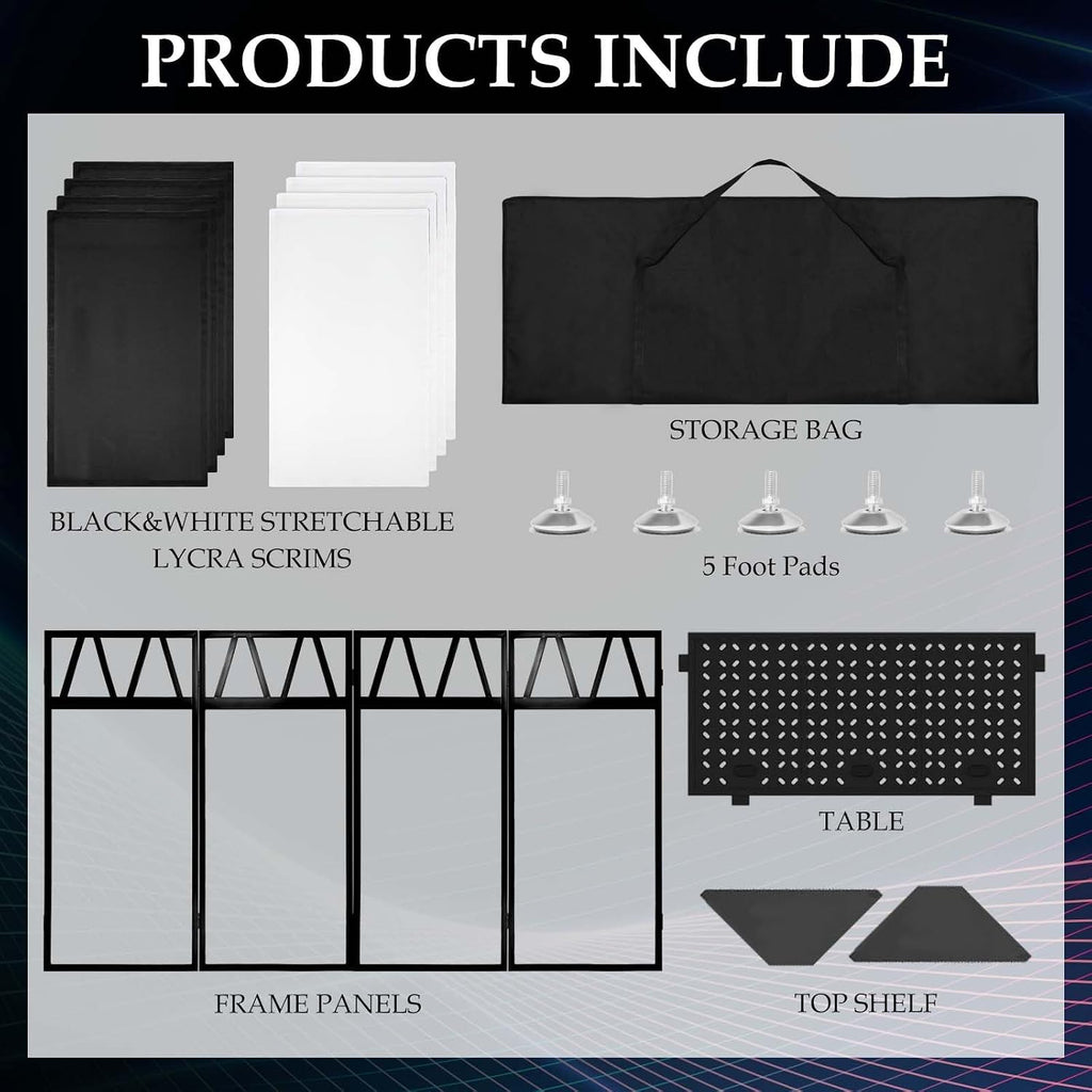 Portable DJ Booth Facade Stand, Foldable DJ Table 40' x 20' x 45' Tabletop, DJ Facade Station for DJ Controller, Mixer & LaptopEvents&Parties – Includes Carry Bag&Two Metal Corner Tables.