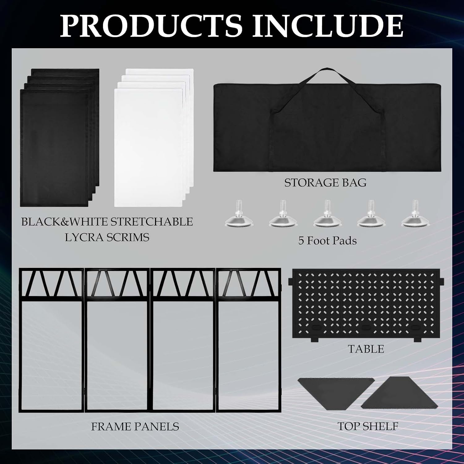 Portable DJ Booth Facade Stand, Foldable DJ Table 40' x 20' x 45' Tabletop, DJ Facade Station for DJ Controller, Mixer & LaptopEvents&Parties – Includes Carry Bag&Two Metal Corner Tables.