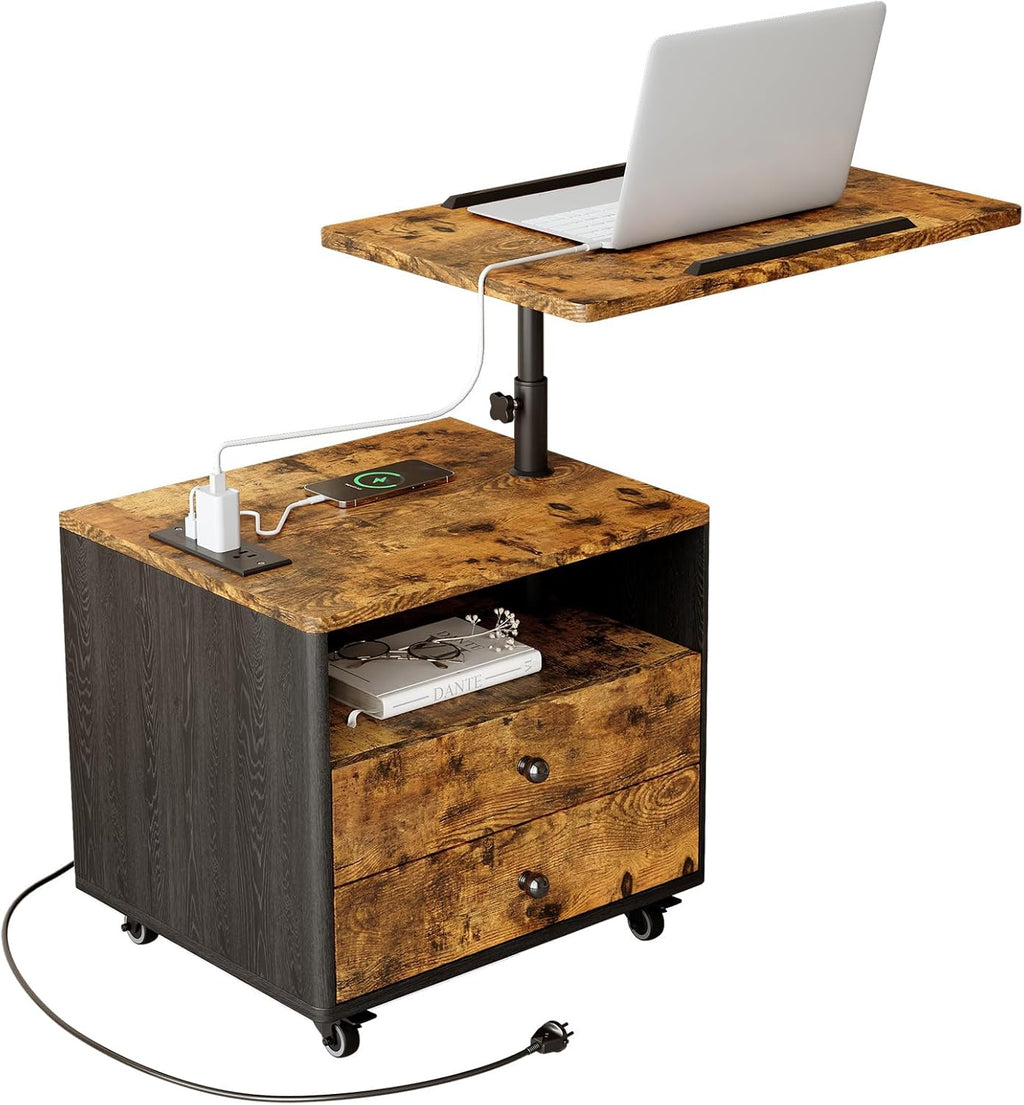 Bedroom Nightstand with Drawers & Charging Station, Adjustable Height Bedside Table with Wheels, Wooden Small Sofa Side Tables with Storage for Living Room, Rustic Brown