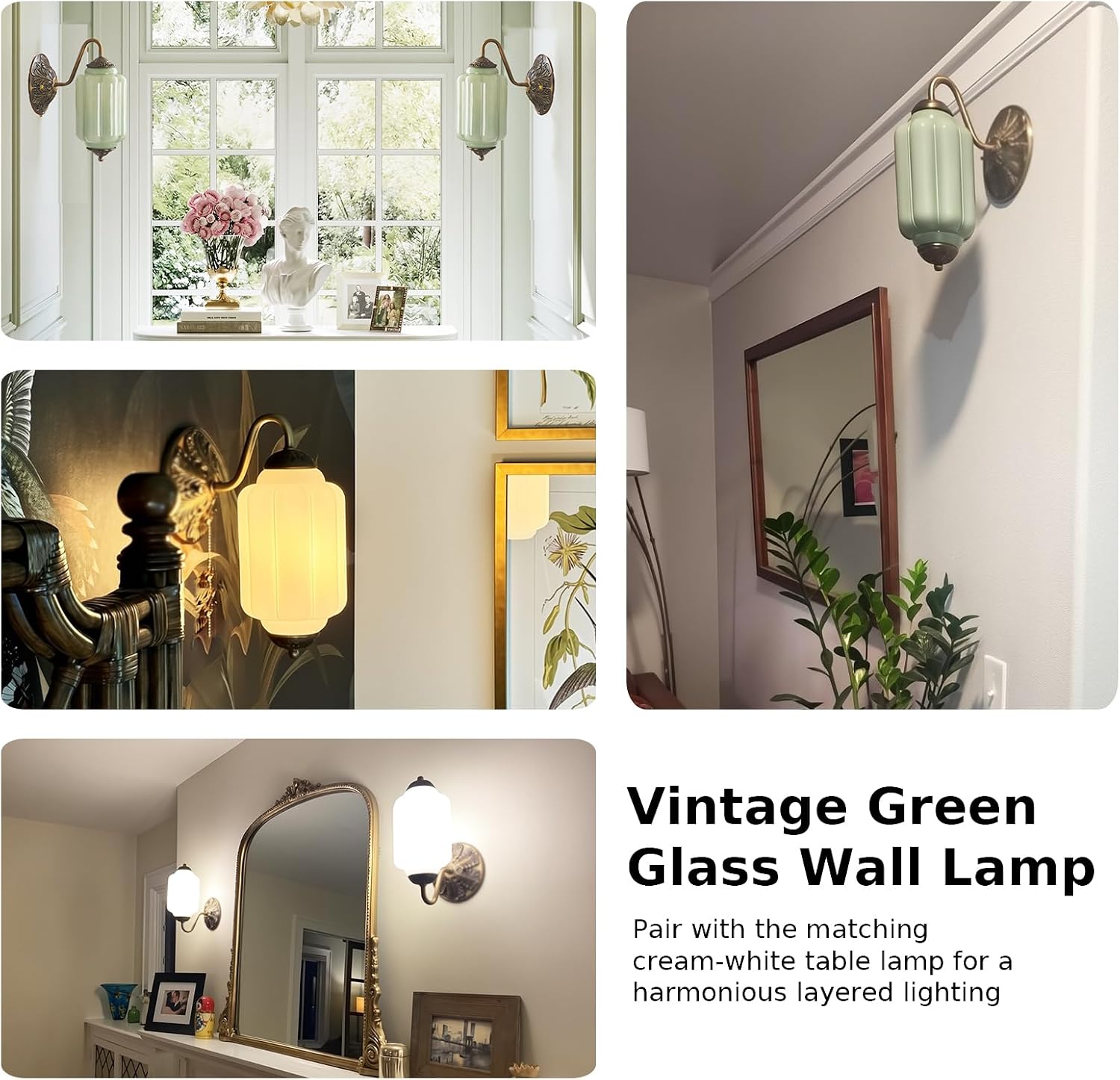 2-Pack Antique Gold Milk Glass Wall Sconce - Vintage Green Shade & Brass Finish Base - Indoor Wall Lighting Fixture for Living Room, Bedroom, Bathroom, Hallway, Entryway (2 Pack/Green)