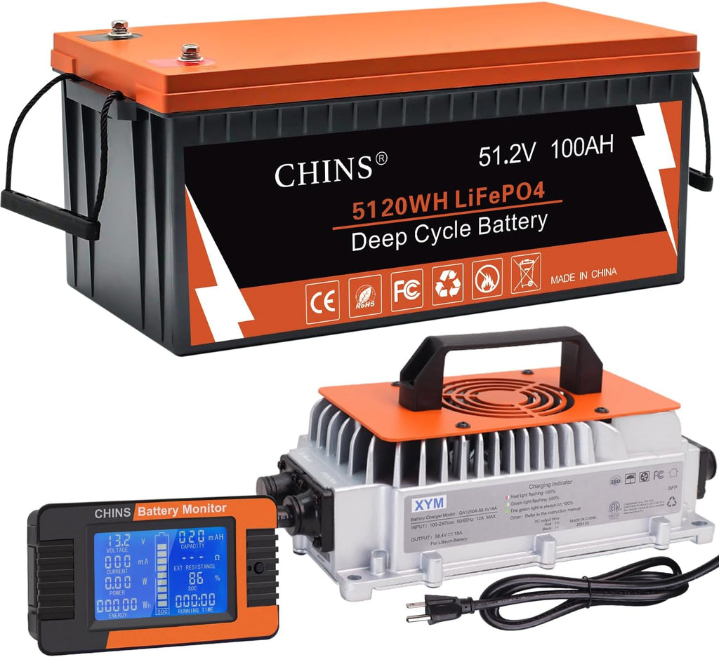 CHINS 48V 100Ah Lithium Golf Cart Battery, Bluetooth LiFePO4 Battery, Built in 200A BMS, Peak Current 1000A, Includes 48V 18A Lithium Charger and Monitor, Perfect for Golf Carts, RV etc
