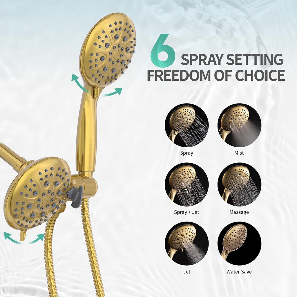 SR SUN RISE High Pressure 3-Way Rainfall Shower Faucet, 3 in 1 Shower Head and Handheld Shower Combo Set with 71' Hose, Easy to Clean Bathtub or Pets, Valve and Shower Trim Kit, Brushed Gold