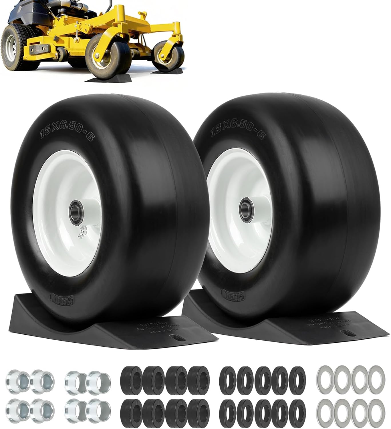 13x6.50-6' Flat Free Lawn Mower Tire and Wheel, Comes with Saver Ramp, 3/4' or 5/8' or 1/2' Bearing Bore, 3'-3.5'-4'-4.5'-5' Centered Hub, Smooth Tread Tire for Zero Turn Mowers, 2 Pcs