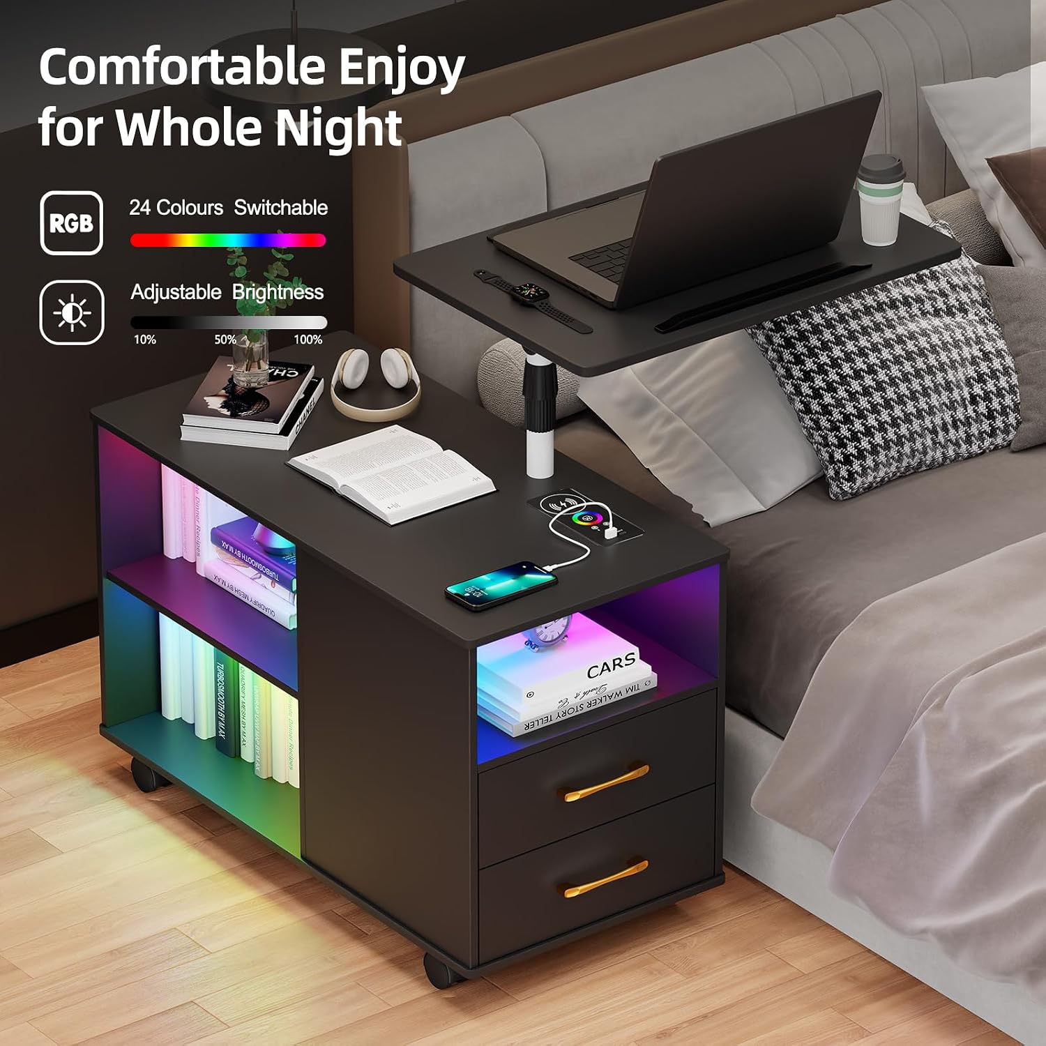Gurexl 360° LED Nightstand with Wireless Charging Station, Movable Adjustable Bedside Table with Laptop Tray, Auto Sensor Night Stand for Bedroom (Black)