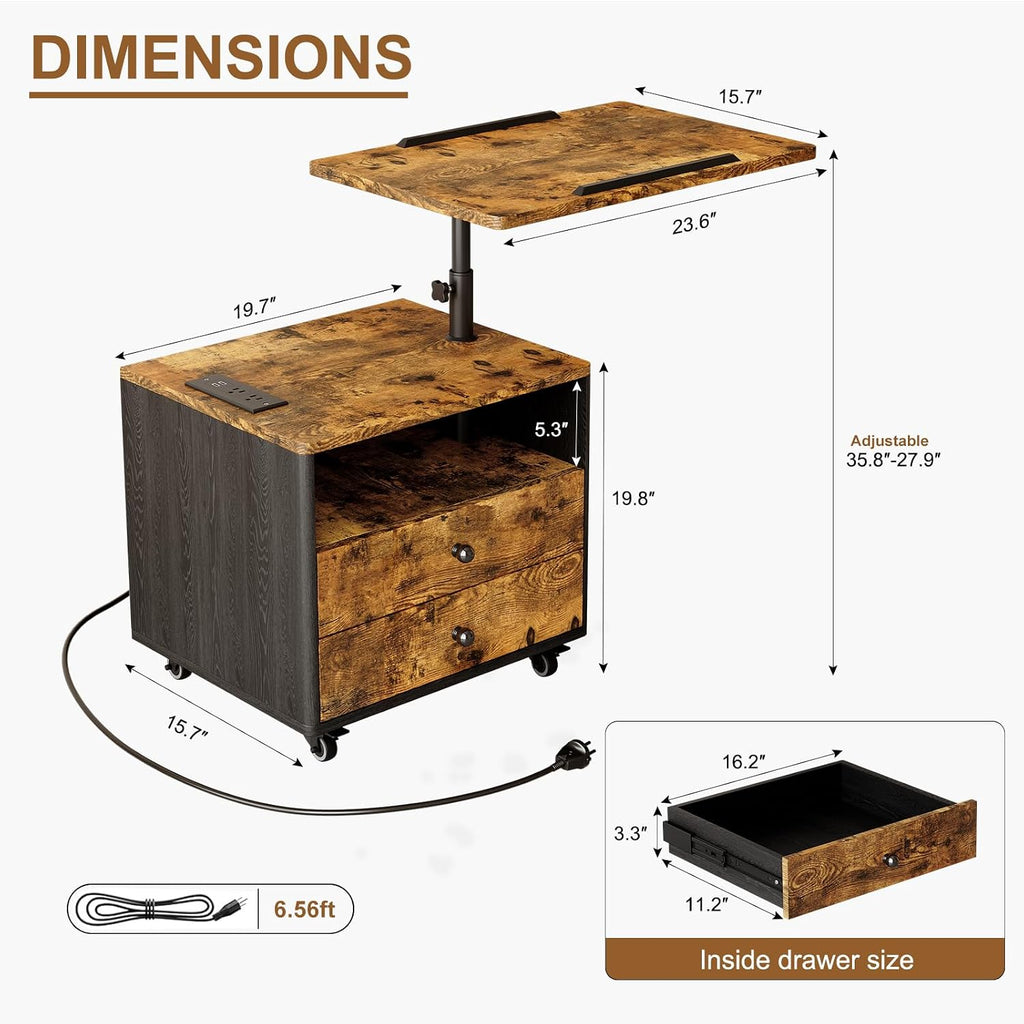 Bedroom Nightstand with Drawers & Charging Station, Adjustable Height Bedside Table with Wheels, Wooden Small Sofa Side Tables with Storage for Living Room, Rustic Brown