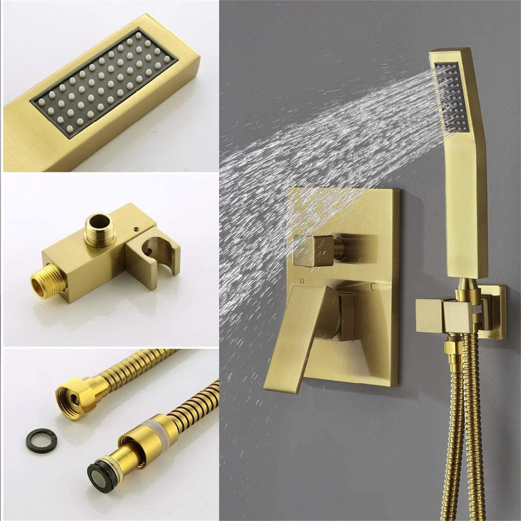WELLFOR 12 Inch Ceiling Mount Shower System, Bathroom Luxury Rain Mixer, Shower Combo Set, Ceiling Rainfall Shower Head Faucet Trim Kits, Rough-in Valve and Trim Included (Brushed Gold)