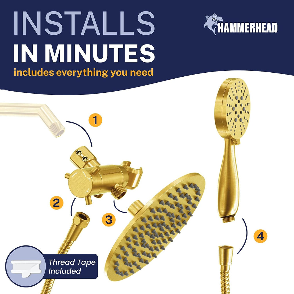 HammerHead Showers® Solid Metal Dual Shower Head Combo – BRUSHED GOLD – 8 Inch Rainfall High Flow Shower Head & 3-Flow Handheld Shower Head High Pressure with Hose 6ft - Luxury Double Shower Heads