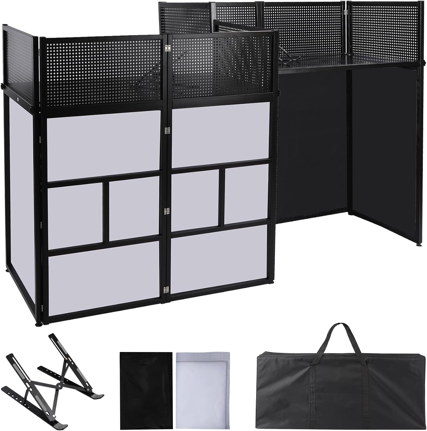 Portable DJ Facade Table Station, 41 x 20 x 40 Inches DJ Facade Booth with Black/White Scrims and Carrying Bag, Metal Frame Folding DJ Stand with Adjustable Height Feet