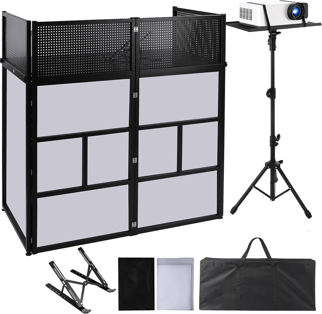 2-in-1 Mobile DJ Workstation, Portable DJ Facade Booth with Scrims & Carry Bag + Height Adjustable DJ Laptop Stand with 2 Cooling Fans for Controller, Mixer, MacBook, PC, For Gigs, Weddings