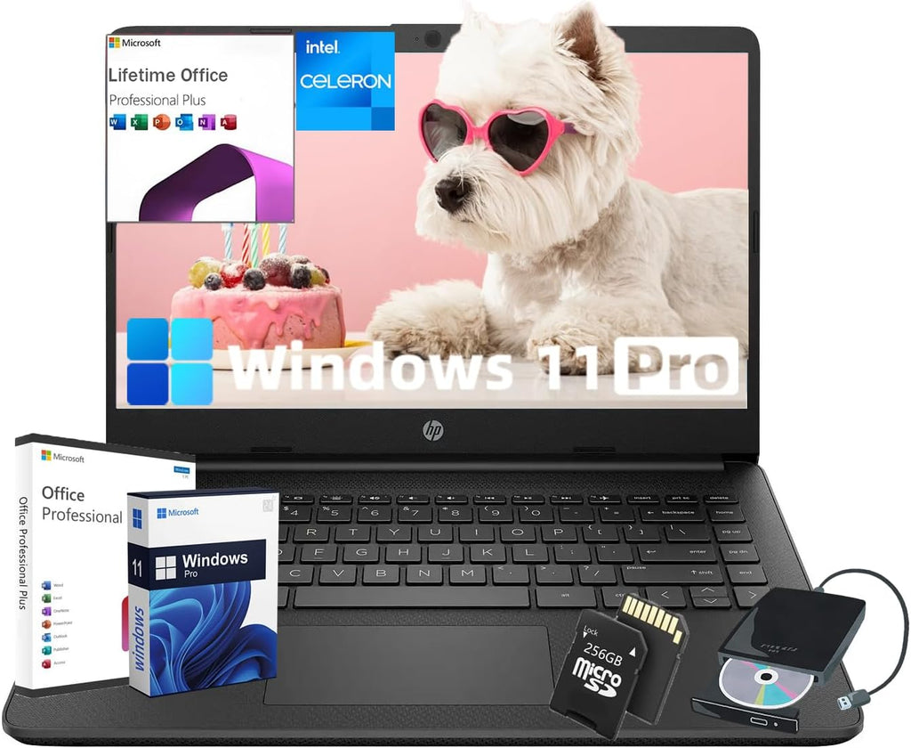 HP 14-inch Laptop for Business - Ultral Light Laptop for Student, Windows 11 Pro & Microsoft Office Lifetime & Free CD/DVD Drive, Intel Quad-Core N4120, 8GB RAM, 128GB eMMC + 256GB Micro SD, Black