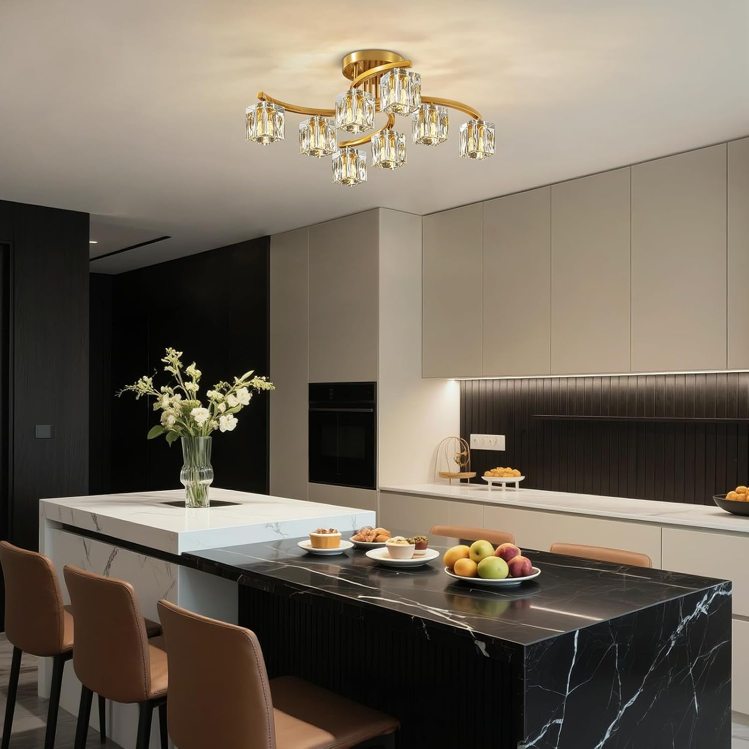 Gold Semi Flush Mount Ceiling Light Fixture, 8-Light Modern Chandelier with K9 Crystal for Living Room, Bedroom, Kitchen，Entryway Light