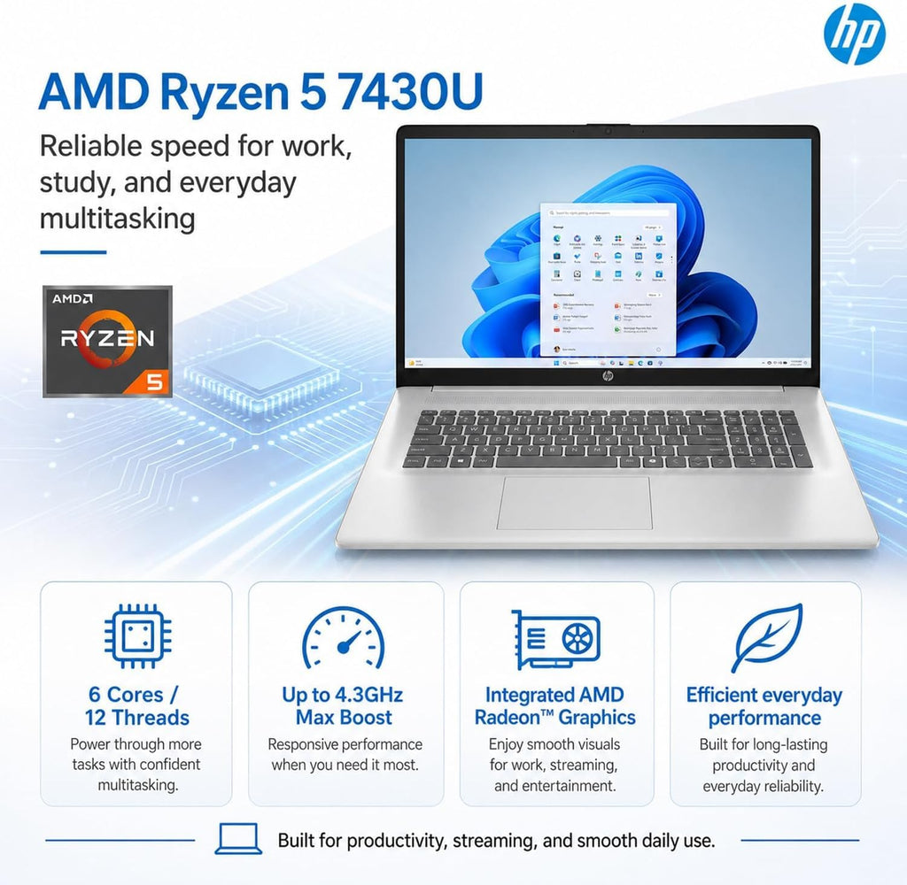 HP New Designed 17.3' FHD Business Laptop(2026/2027Edition), Powerful AMD Ryzen 5 7430U(Beats Core i7-1335U), 32GB RAM, 512GB PCIe, Wi-Fi 6, 14.5-Hour Battery Life, Windows 11 with MS 365 for Web