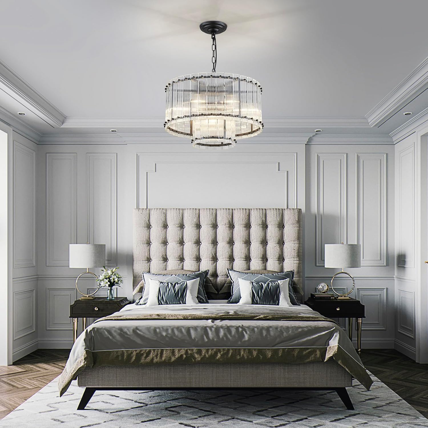 Saint Mossi Black Drum Chandelier Light Fixture, Doule Layer Middle Century Modern Design, with 7-Light, D18 x H10, Adjustable 59' Chains, Glass Shade & Black Metal Frame