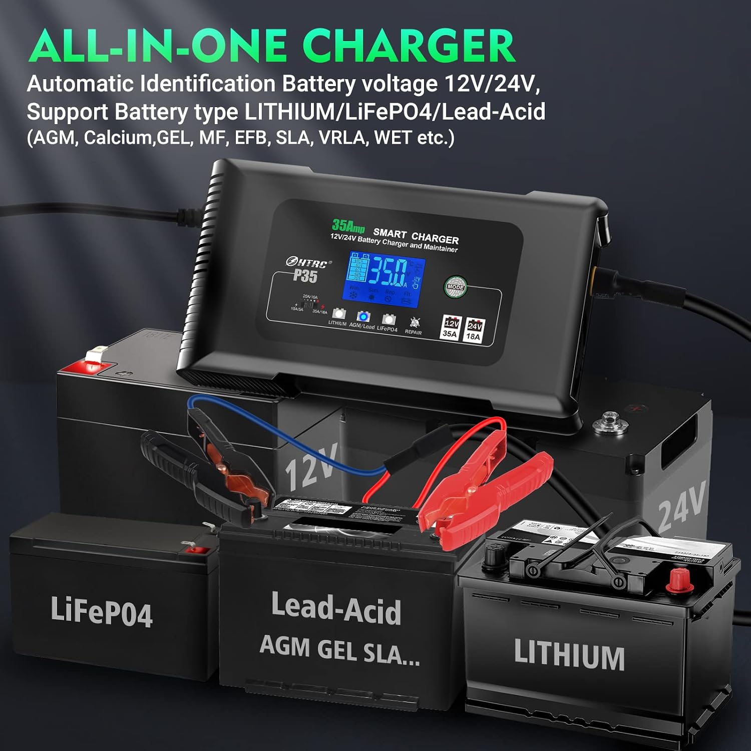HTRC 35-Amp Smart Charger, Car Battery Charger,Trickle Charger, 12V35A/24V18A,14.6V/29.2V,Lithium,LiFePO4,Lead-Acid AGM/Gel/SLA..Battery Charger, PortableMaintainer/deep Cycle Charger and Desulfator