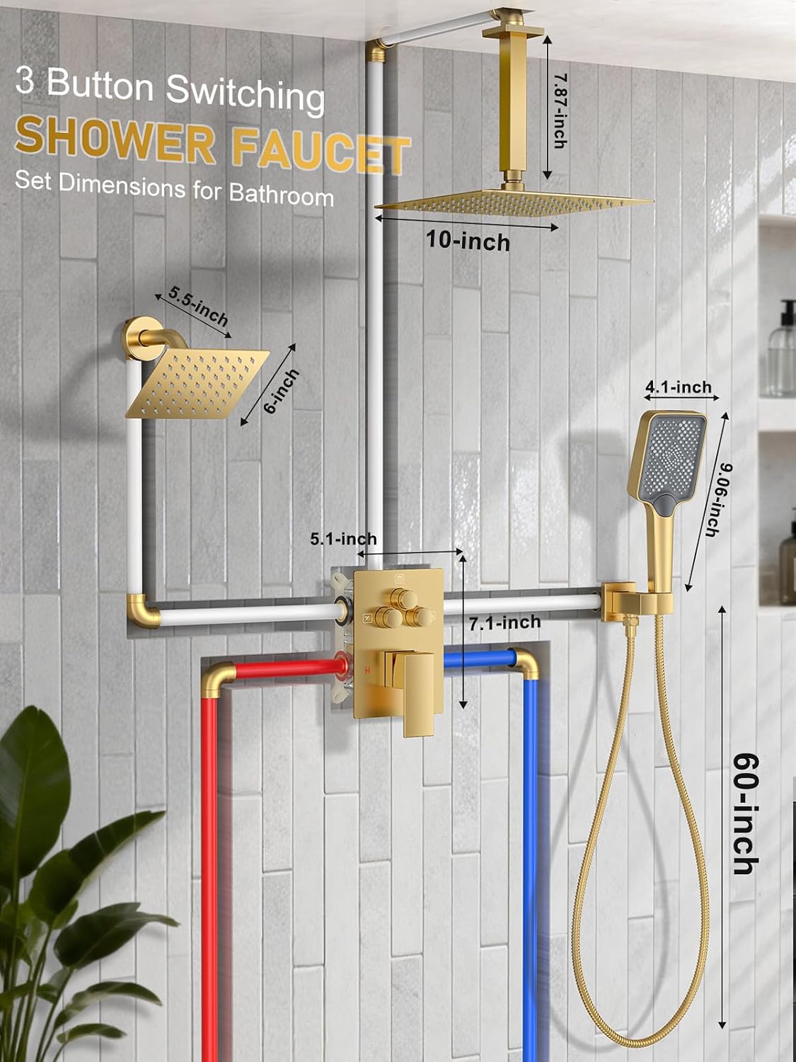Woindo Shower Faucet Set, 10' Ceiling Mount Rainfall Shower System with 2 Rain Shower Head and Multi-function Handheld Head Push Button Diverter Shower Faucet Trim Kit