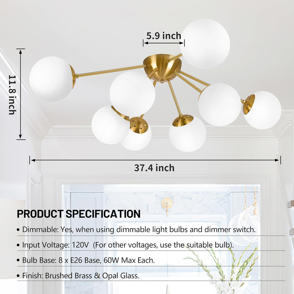 Bagood 8 Light Mid Century Modern Ceiling Light Semi Flush Mount Ceiling Light Fixture Globe Lights Sputnik Chandelier with Milk Glass Shade Brushed Brass Finish for Bedroom Hallway Living Room