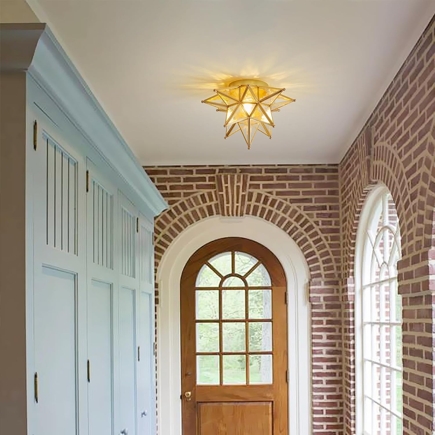 Gold Moravian Star Ceiling Light - 12.7 Inch Brass Vintage Flush Mount Lighting Fixtures with E26 Base - Art Deco Modern Moroccan Glass Fixture Lights for Hallway Kitchen Farmhouse Bedroom Entryway