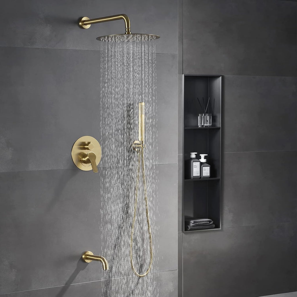 Gold Shower Faucet Set with Tub, High-Pressure Bathroom Brushed Gold Rain Shower Fixture Has 12 Inch Shower Head and Tub, Rainfall Gold Shower System