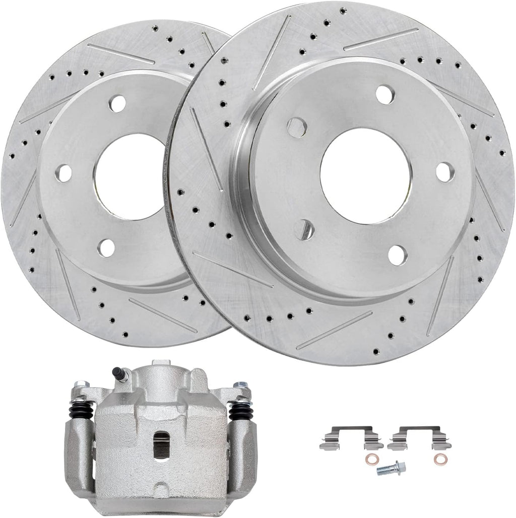 Detroit Axle - Front Brake Kit for Chevrolet Malibu Pontiac G6 Saturn Aura Drilled and Slotted Disc Brake Rotors Right Brake Caliper Replacement : 11.65' inch Rotor