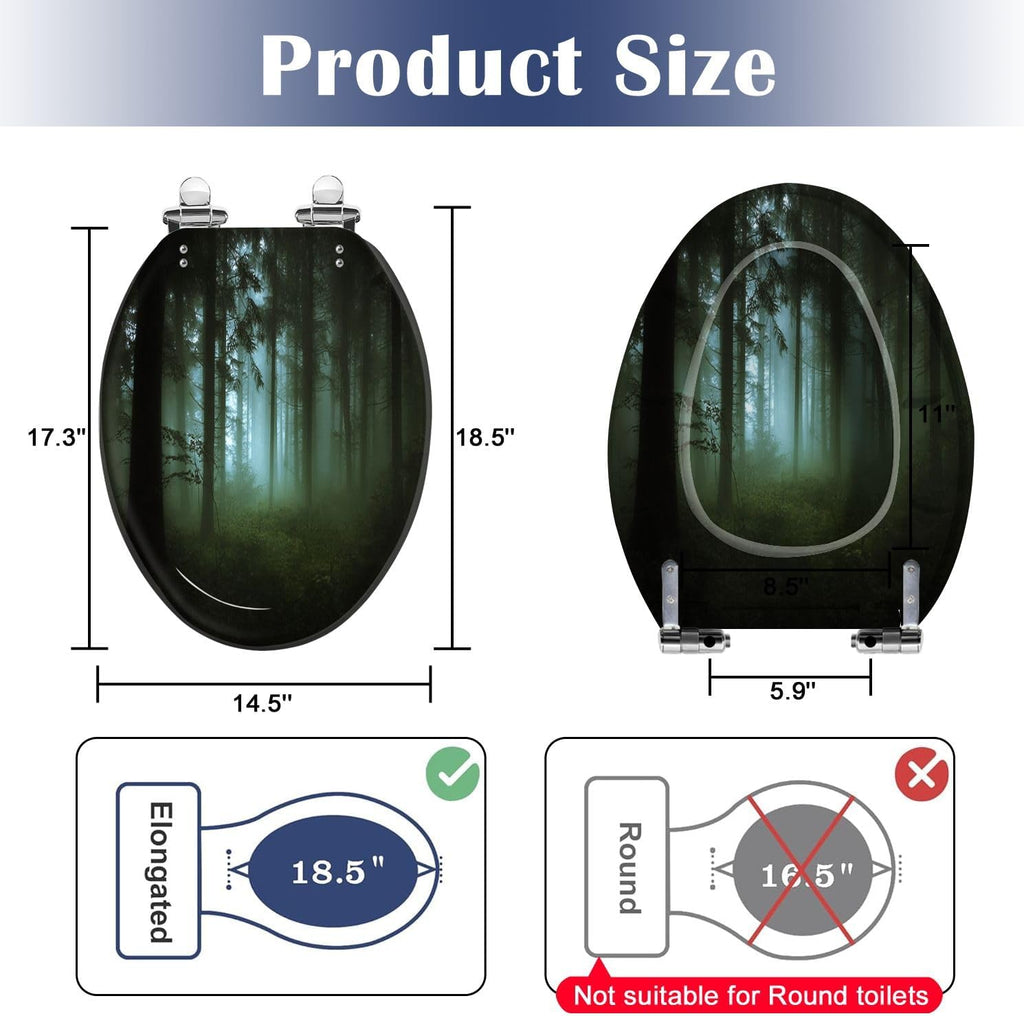 Elongated Toilet Seat green forest fog morning Resin Toilet Seat Slow Quiet Close Lid with Quick-Release Hinges Cover Bumpers Easy to Clean Install