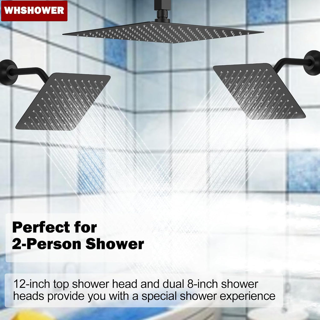 Rainfall Shower System with 12+8+8' Three Top Shower Heads, Body Jets and Handheld Shower,Matte Black Full Body Shower System with Digital Display Valve